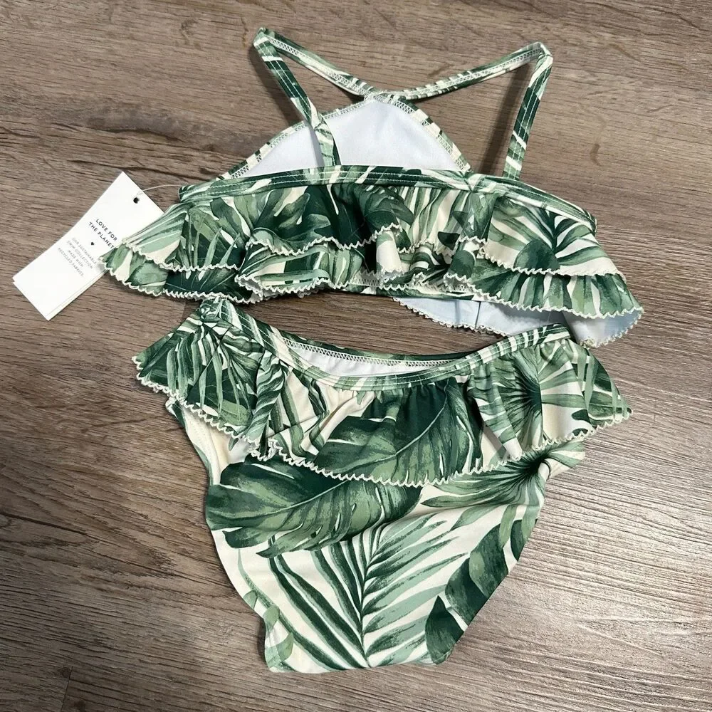 NWT Janie and Jack Girls 18-24 Months Swimsuit Palm Ruffle Halter 2-Piece Green